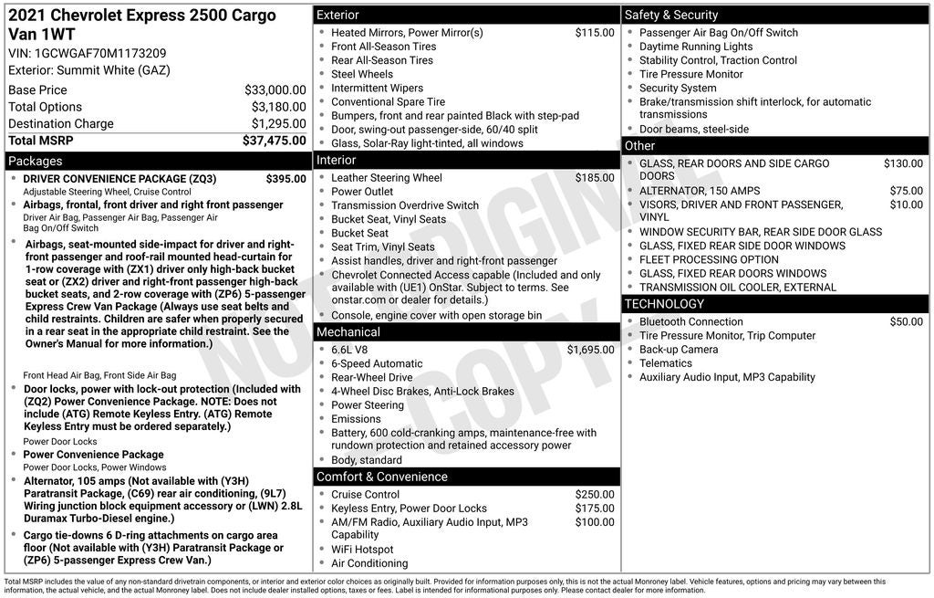 2021 Chevrolet Express 2500 Work Van Cargo