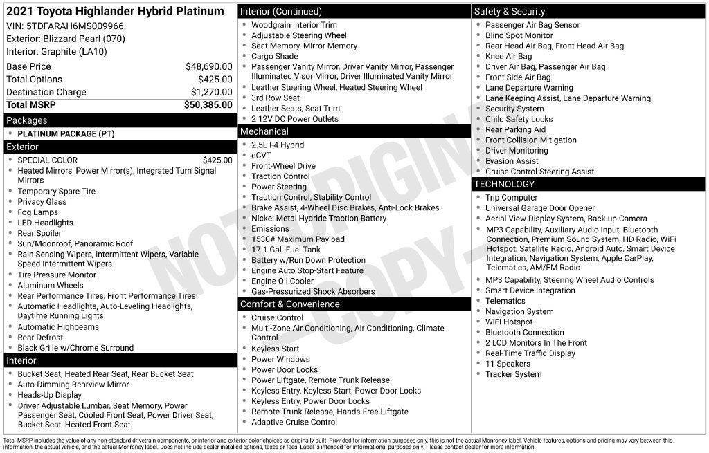 2021 Toyota Highlander Hybrid Platinum